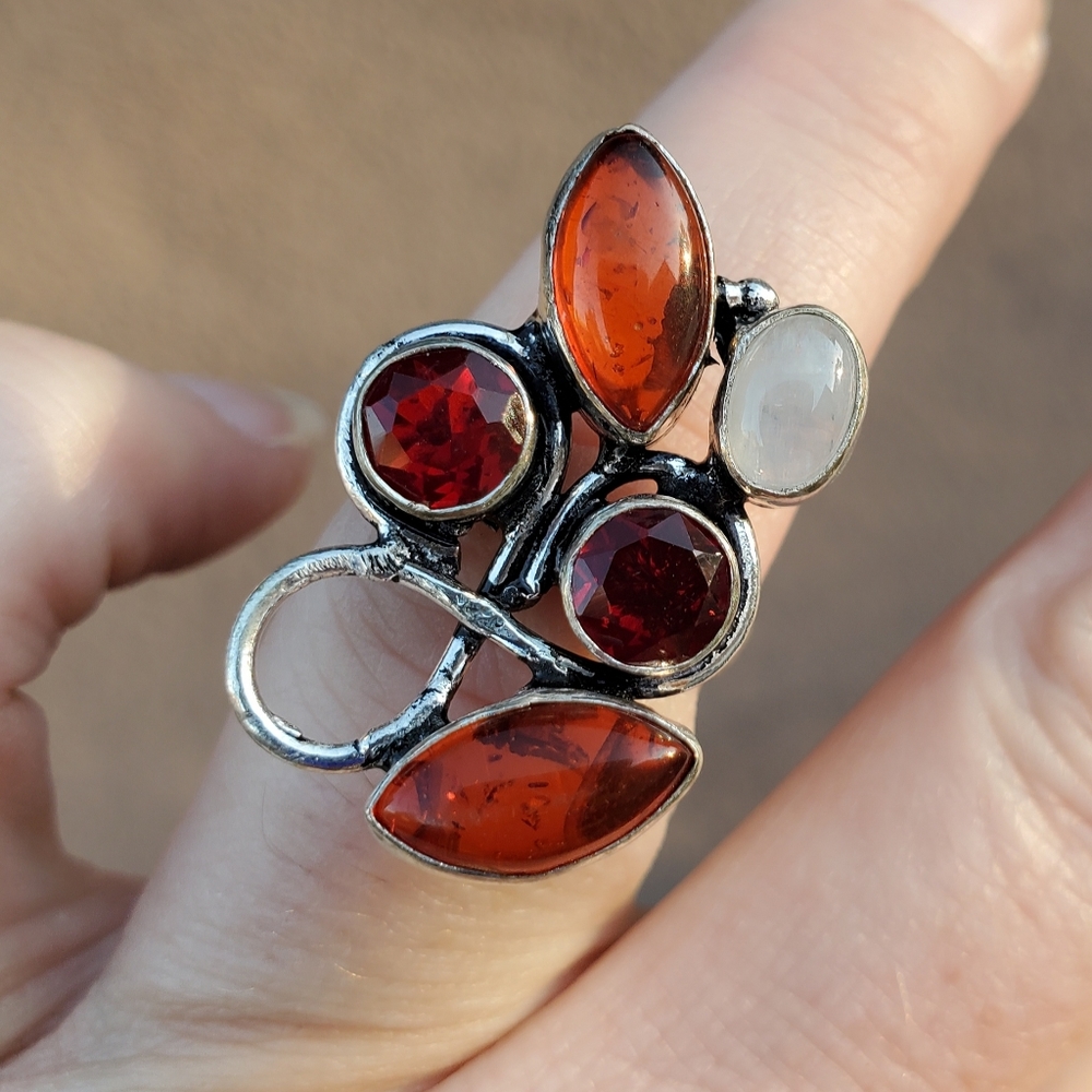 New Amber, Garnet & Rainbow Moonstone 925 Silver Ring. - Picture 9 of 16